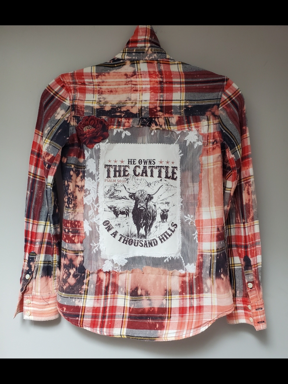 Upcycled Vintage-Inspired Red Plaid Western Shirt with Graphic Back